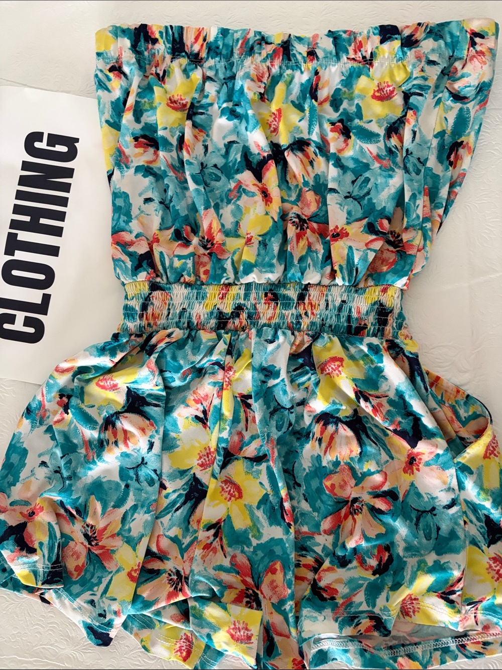 GUESS Strapless Floral Romper Tube Top Jumper Shorts in Teal , Yellow Size Small